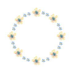 Round frame of watercolor summer yellow and blue flowers on a white background. Use for wedding invitations, birthdays, menus and decorations