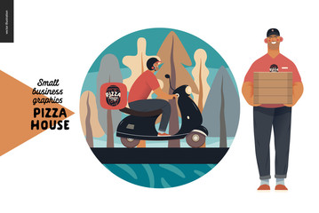 Pizza house - small business graphics - deliveryweb icon. Modern flat vector concept illustrations - web icon catering - badge with a pizza guy on a scooter riding at park, man wearing uniform, boxes