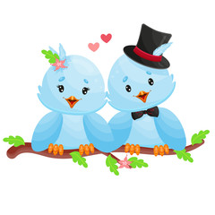 Romantic blue birds couple on a love tree branch. Vector Illustration.