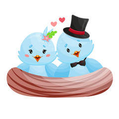 Romantic blue birds in a love nest. Vector Illustration.