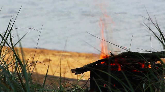 Bonfire for cooking on the coast. Firewood in the metal brazier burning bright flame on a sandy beach. Flame campfire close up. Calm sea in the background