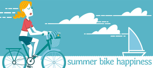 Fototapeta na wymiar Summer bike happiness. Illustration of a woman taking a bike ride on a beautiful summer day.