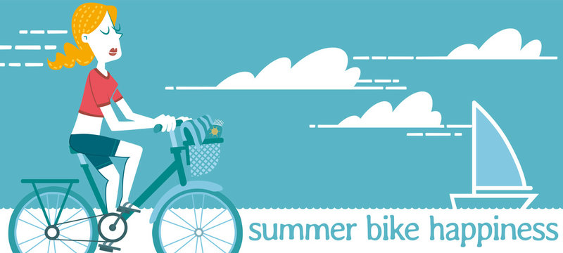 Summer bike happiness. Illustration of a woman taking a bike ride on a beautiful summer day.