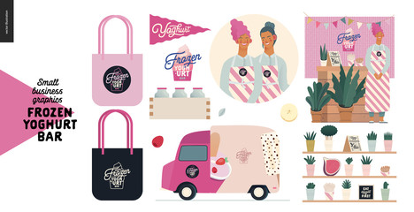 Frozen yoghurt bar - small business graphics - owner and elements -modern flat vector concept illustrations - pwners, shop assistant, branded elements, delivery truck, range of ice cream, flag, logo