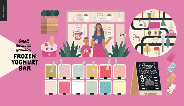 Frozen yoghurt bar - small business graphics - customers -modern flat vector concept illustrations - visitors - smiling woman waving hand and a boy holding cups of youghurt, range of ice cream, map