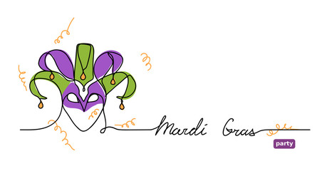 Mardi Gras joker.  Party, carnival vector minimal banner with  joker mask and lettering Mardi Gras. © alstanova@gmail.com