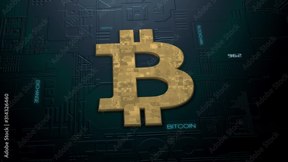 Poster electronic circuit with a golden bitcoin symbol, concept of crypto currency and mining (3d render)