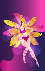 Happy girl dancing samba. Beautiful Brazilian woman in festive costume with feathers. Vector Illustration on a bright background.