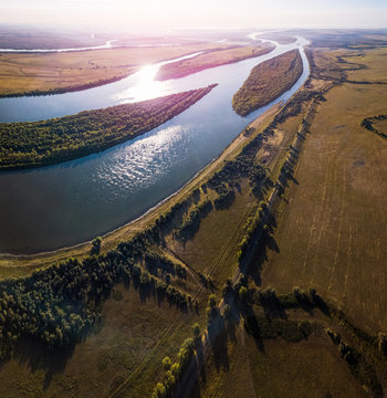 Aerial panorama of the river of Buzan at sunrise, Astrakhan Region, Russia