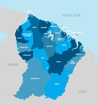 French Guiana Guyana political map. Vector illustration with separated departments, provinces and cities.