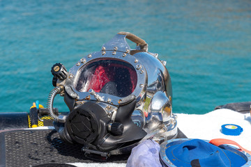 Hermanus, Western cape, South Africa. December 2019. Professional divers training course. Divers helmet.