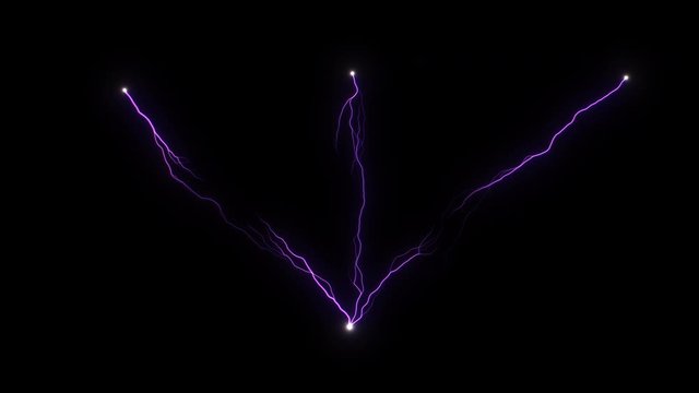 3 violet electric discharges converge at one point of Tesla coil. Artificial lightning on black background. Electrostatic Discharge. Flux capacitor