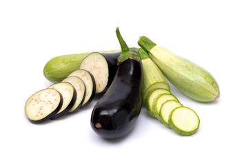 Zucchini and eggplant isolated on white background. Fresh vegetable marrow isolated on white background