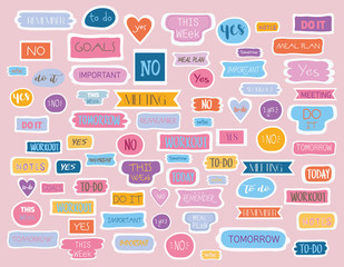Large collection of tags for a fashion planner or organizer with assorted times of day, to do lists and no and yes icons on a pink background, vector design elements