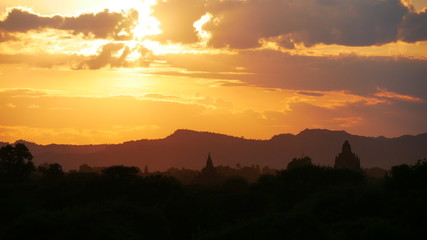 panorama of beautiful sunset over Bagan temple plain, Myanmar, Asia	