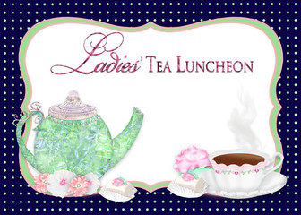 Ladies Tea Luncheon Illustration graphic ideal for advertisements or invitations,  Navy Blue background with green polka dots, tea pot and pastries by Delightful Doodles.  Scalloped border.  Feminine 