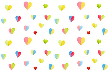 Seamless pattern of colorful watercolor hearts, each heart of two colors on white background