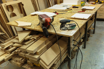set of carpenters tool on tne wood and shavings
