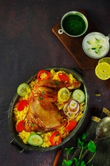 Chicken Kabsa/ kuzhi Mandhi or Mandi Biryani served with yogurt mint chutney
