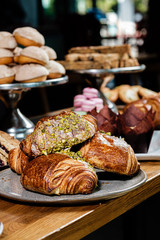 Plate of croissants in a bakery