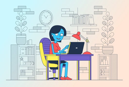 Woman freelancing with a laptop in her home office. Girl with computer at the desk. Vector illustration.