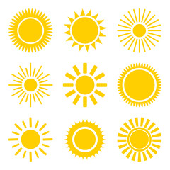 sun icons set. Flat shining symbols collection. Daylight logos