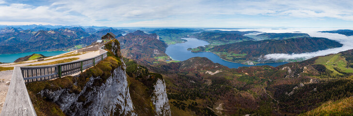 Picturesque autumn Alps mountain lakes view from Schafberg viewpoint, Salzkammergut, Upper Austria.