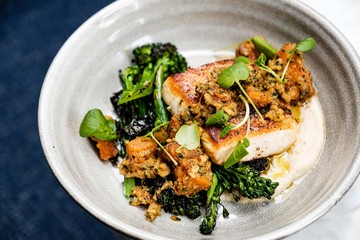 Plate of seafood and vegetables