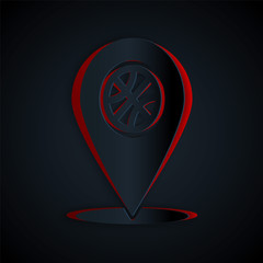 Paper cut Location with basketball ball inside icon isolated on black background. Paper art style. Vector Illustration