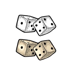 Two white dice. Vintage color vector engraving illustration