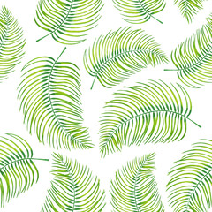 Interesting jungle background seamless pattern with tropical leaves of palm tree.