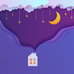 Night sky in paper cut style. Cute house with smoke from the chimney. 3d background with violet and blue gradient cloudy landscape with stars on rope and moon papercut art. Origami clouds. Vector card