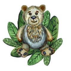 Card design with cute bear and green leaves. Watercolor card.