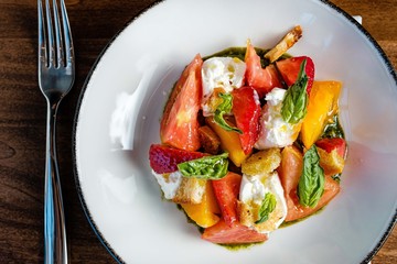 Burrata salad in a dish