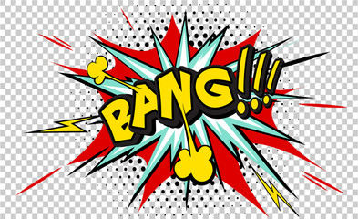 Bang pop art cloud bubble. Smile, wow, pow, cool, ok, oops, wtf funny speech bubble. Trendy Colorful retro vintage background in pop art retro comic style. Illustration easy editable for Your design.