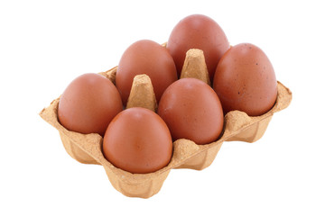 six brown eggs in carton on white with clipping path