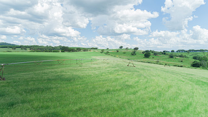 Naklejka premium Agricultural irrigation system on sunny summer day. An aerial view of a center pivot sprinkler system.