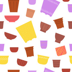 Seamless pattern from colorful flower pots. Vector illustration.