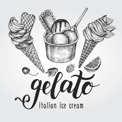 Ink hand drawn set of different types of ice cream, italian dessert gelato. Food elements collection for menu or signboard design. Vector illustration with brush calligraphy style lettering. - 314338030