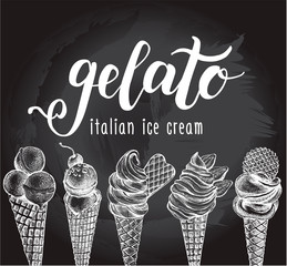 Ink hand drawn set of different types of ice cream, italian dessert gelato. Food elements collection for menu or signboard design. Vector illustration with brush calligraphy style lettering. - 314338036
