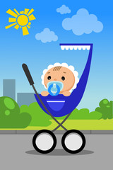 flat illustration of a baby in a stroller