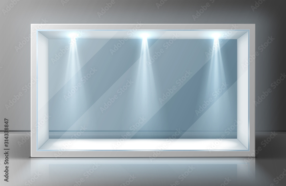 Poster glass wall display case frame in empty exhibition room. transparent showcase with illumination for m