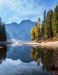 Foto op Canvas Autumn peaceful alpine lake Braies or Pragser Wildsee. Fanes-Sennes-Prags national park, South Tyrol, Dolomites Alps, Italy, Europe. Picturesque traveling, seasonal and nature beauty concept scene. © wildman