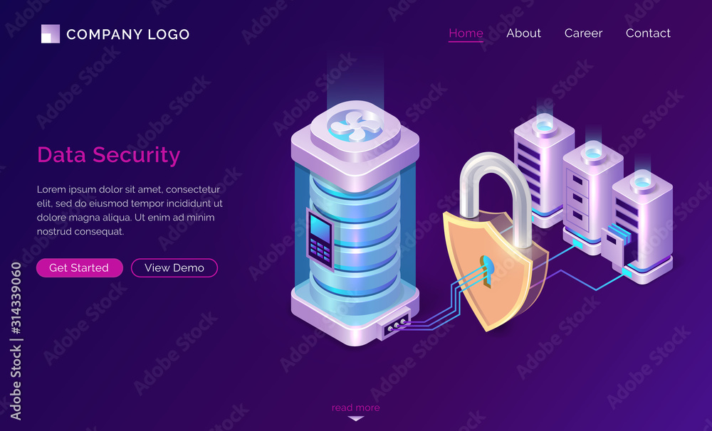 Poster cyber data security isometric landing page. server room protected with shield padlock from outer acc