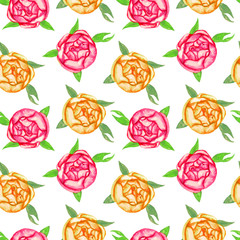 Bright red and yellow rose with green leaves and buds top view,  hand painted watercolor illustration, seamless pattern design on white background