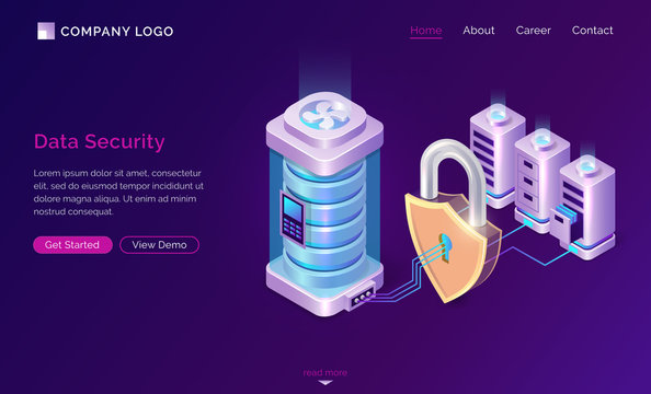 Cyber Data Security Isometric Landing Page. Server Room Protected With Shield Padlock From Outer Access, Computing Internet Digital Technology, Database Protection. 3d Vector Illustration, Web Banner