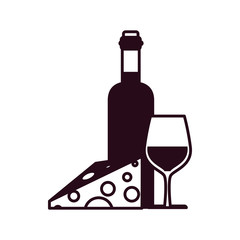 wine bottle and cup with cheese block line style icon