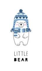 Cute white little bear in a knitted scarf and hat. Print for t-shirts, cards. Vector illustration for children.