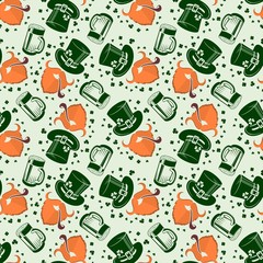 St. Patrick's day background with Beer mugs and Leprechaun. Seamless pattern. Vector illustration.