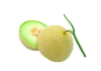 Fresh green and yellow water melon fruit cut prepare for eat. Slice half prepare for serve. Isolated on white background with clipping path